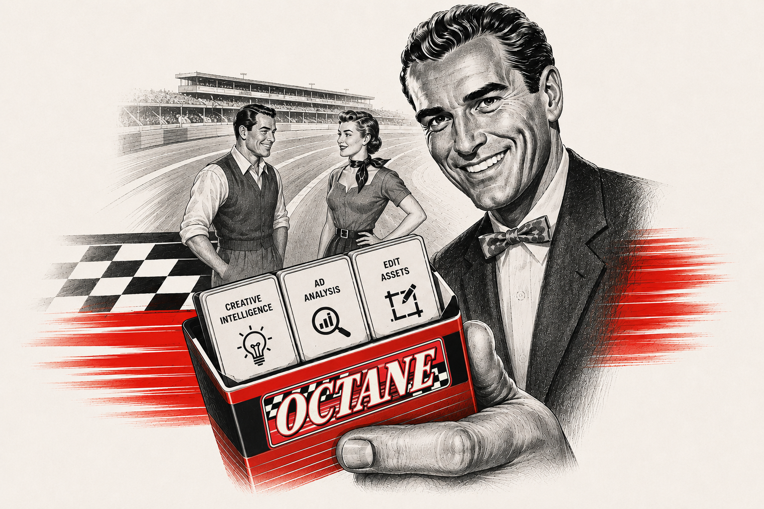 A vintage adman holding the Octane tin: creative intelligence, ad analysis, edit assets